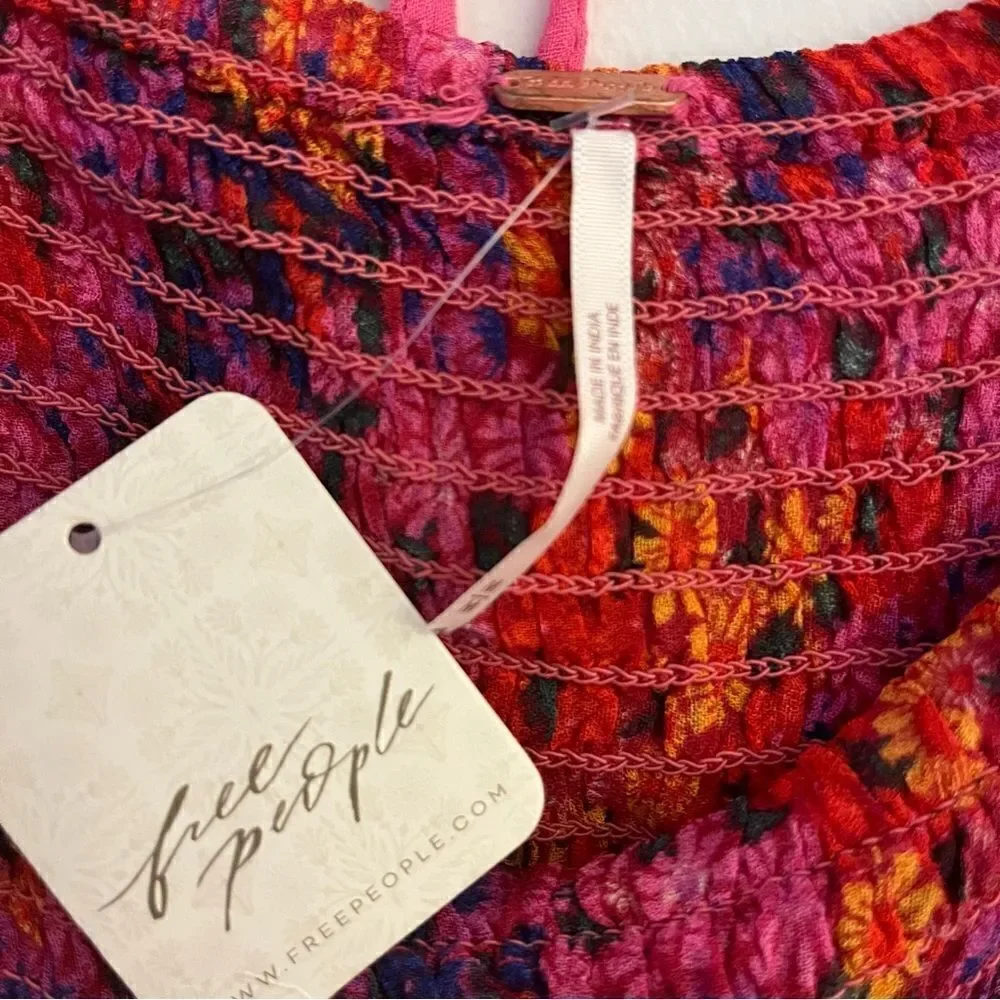 Free People Back On Elbow Puff Sleeve Cropped Top in Pink Floral, Medium NWT